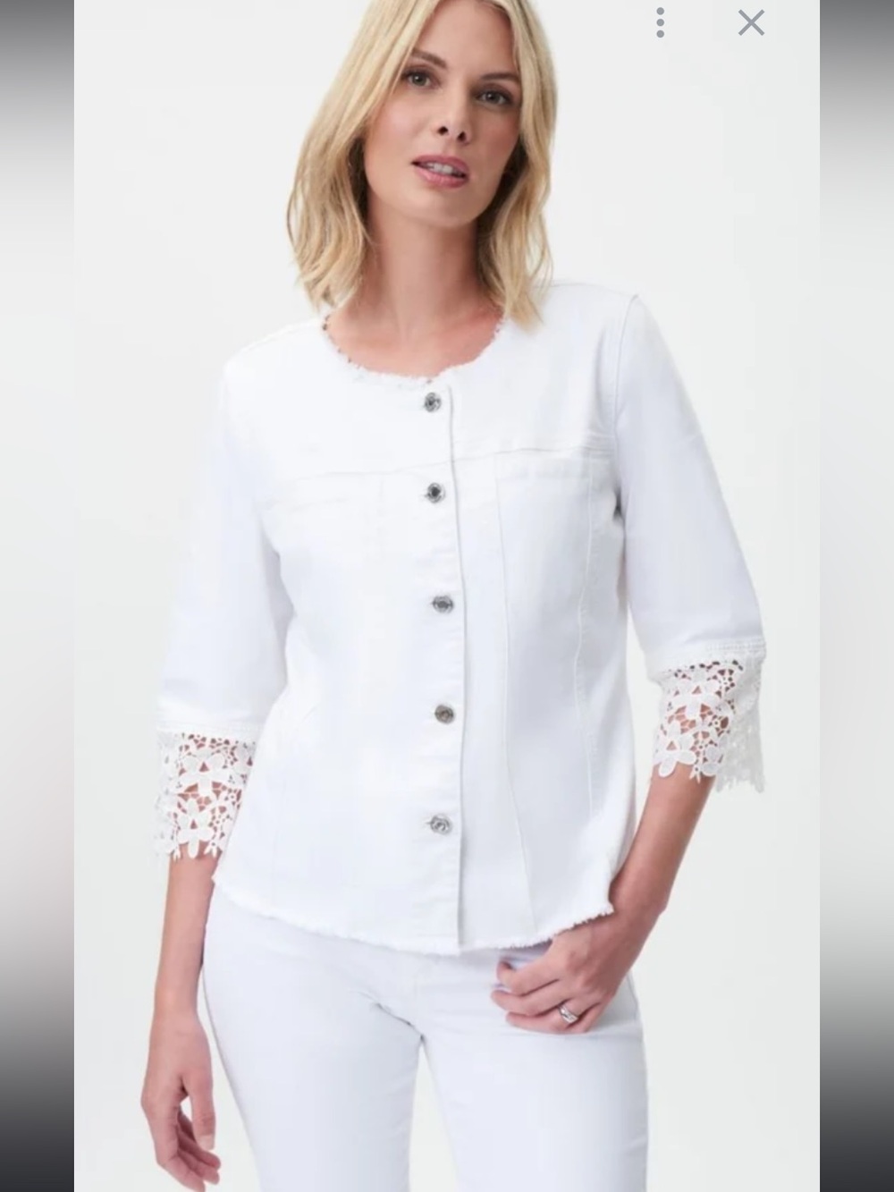 Joseph RIBKOFF denim jacket with lace-trimmed cuff in white,S/P